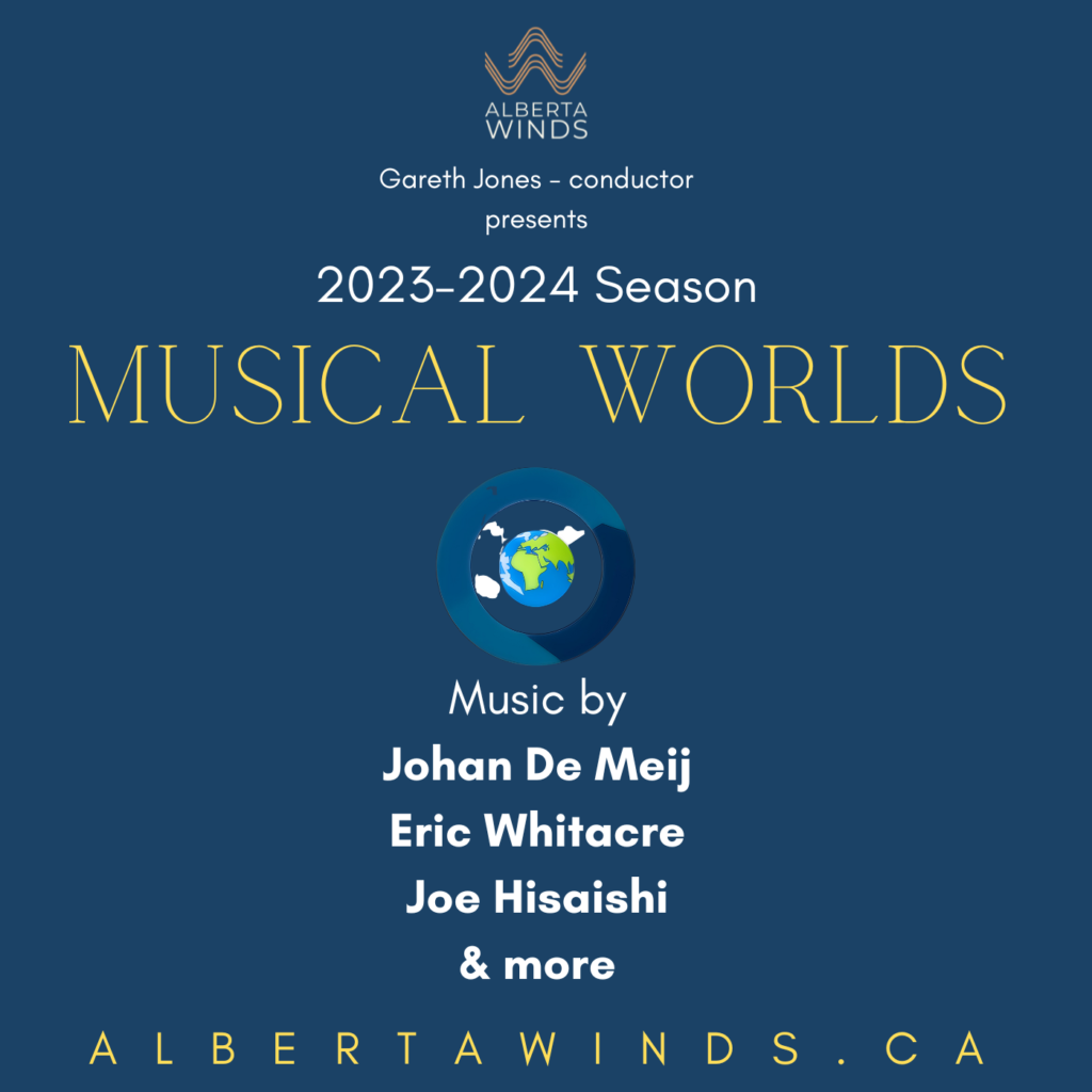 Alberta Winds 2023 2024 Season Poster: Musical Worlds, featuring cartoon image of globe